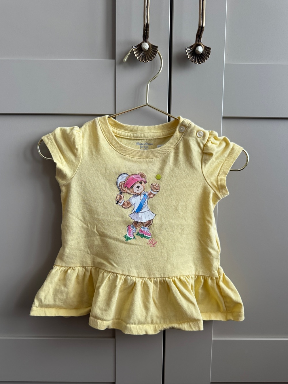 Polo Bear 🧸 playing Tennis 🎾 by Ralph Lauren Baby Girl’s Peplum T-Shirt 🧈 Yellow